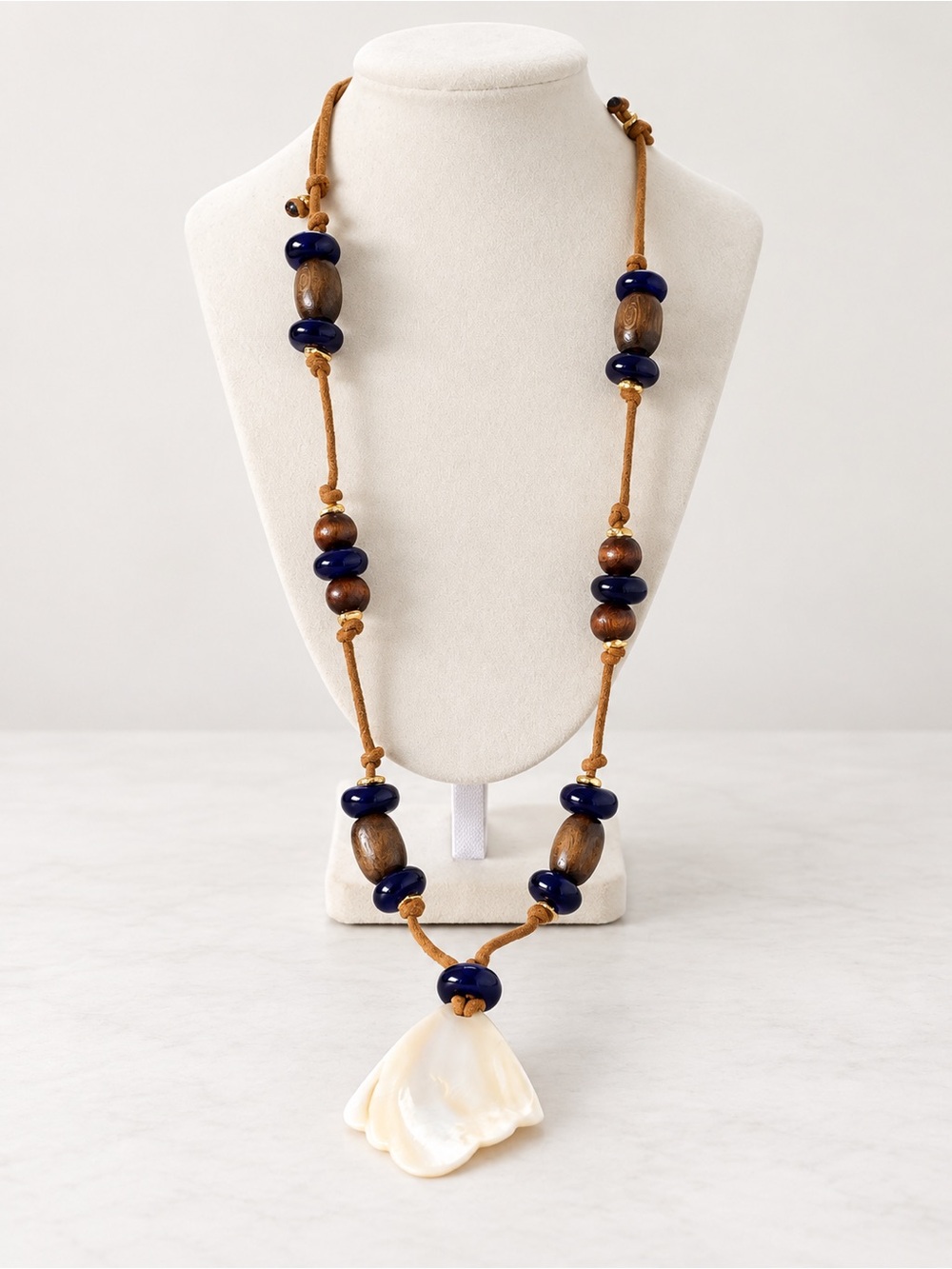 Boutique Long Beaded Necklace with Shell Pendant & Wood Accents
